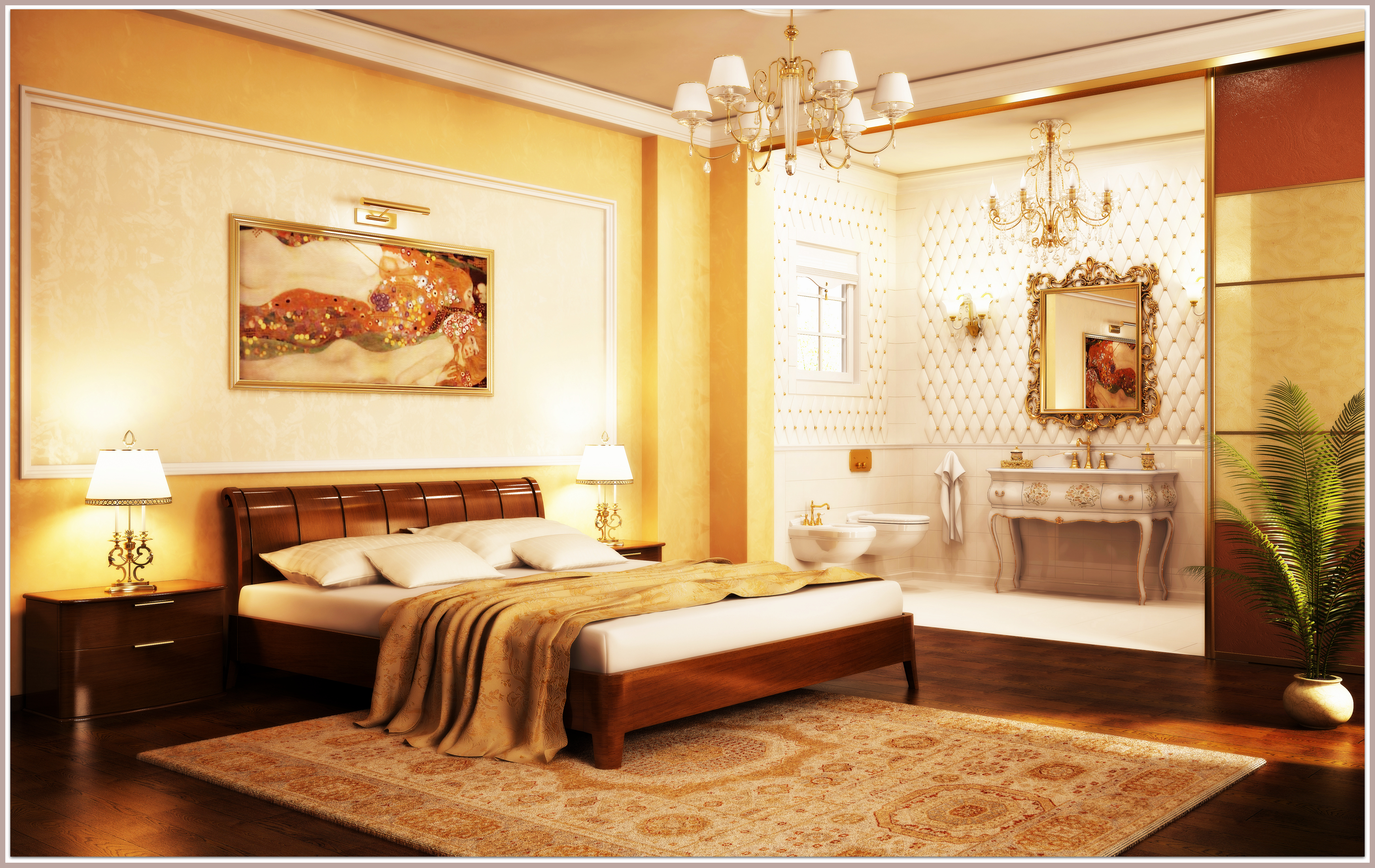 Bedroom with bathroom in a classic style